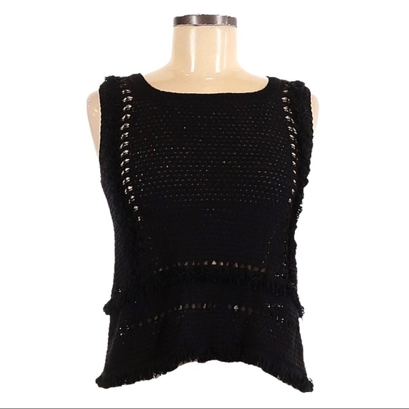Pepin Anthropologie Open Knit Fringe Sleeveless Black Boho Sweater Size XS - Picture 1 of 9
